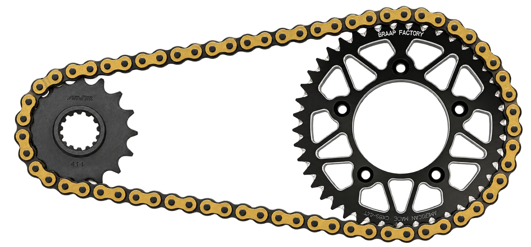 A real 420 gold chain with black rivets fitted around a Sunstar front sprocket and Braap Factory Cobra CX65 rear sprocket.